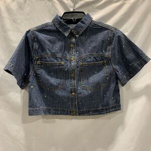 Cozy Co. Short Sleeve Denim Rhinestone Cropped Button Up Denim